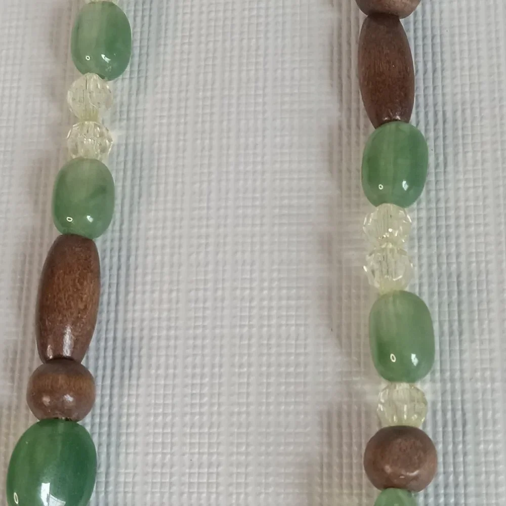Green and Brown Plastic with Wood Beaded Long Adjustable Single Strand Necklace